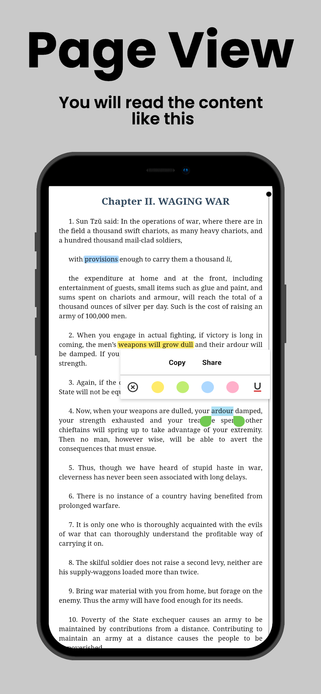 Chapter II, Waging War, open in the reader with highlighted phrases