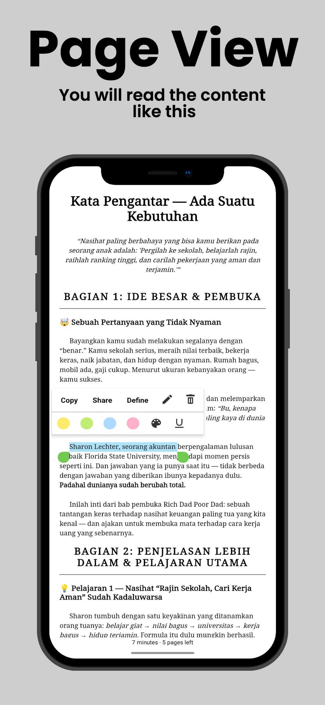 An Indonesian chapter summary open in the reader with highlighted words