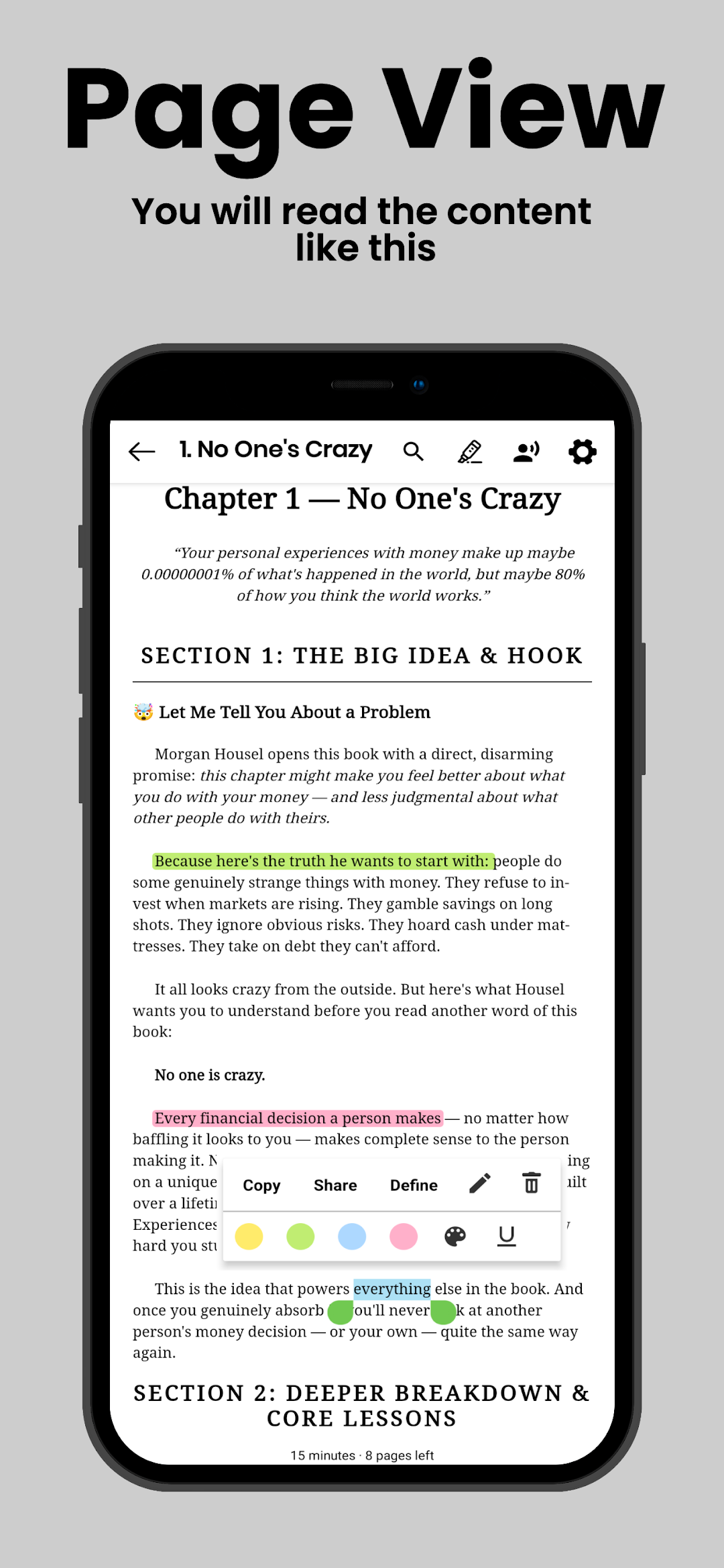 Chapter 1, No One's Crazy, open in the reader with highlighted text and copy, share and define options