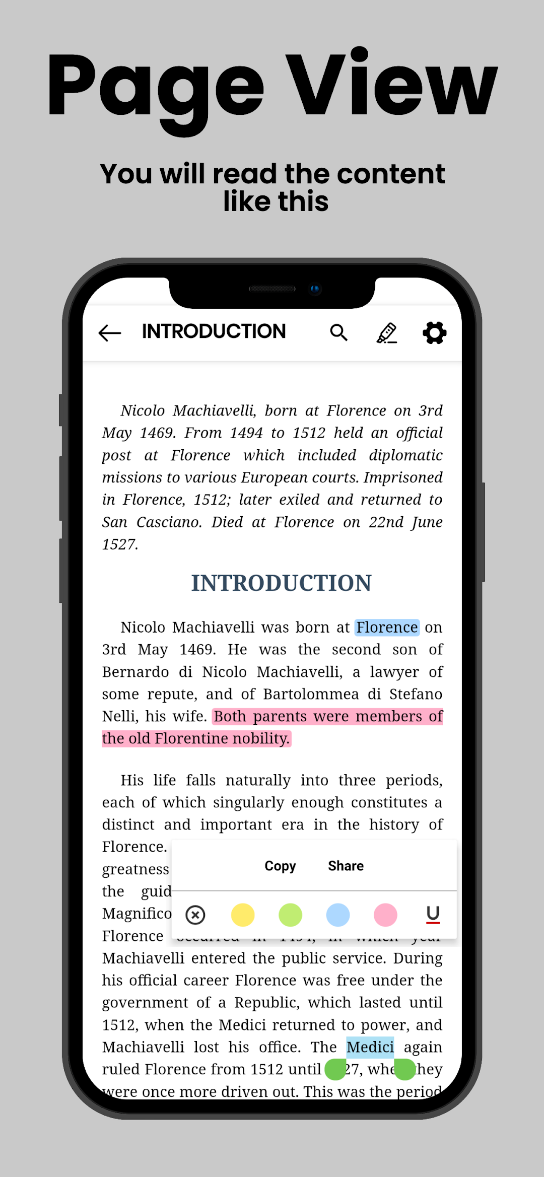 The introduction to The Prince open in the reader with highlighted words