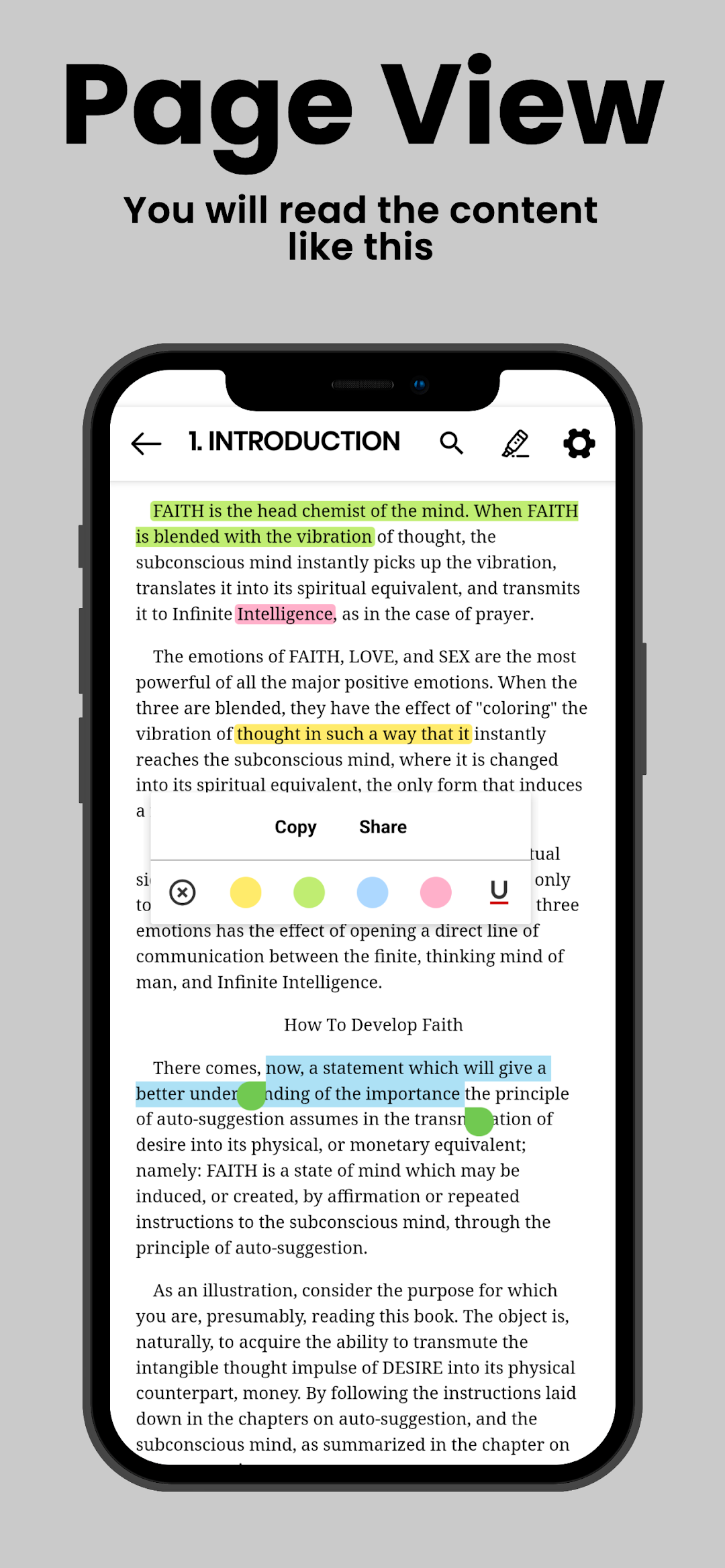 A chapter of Think and Grow Rich open in the reader, with highlighted passages and the copy and share menu