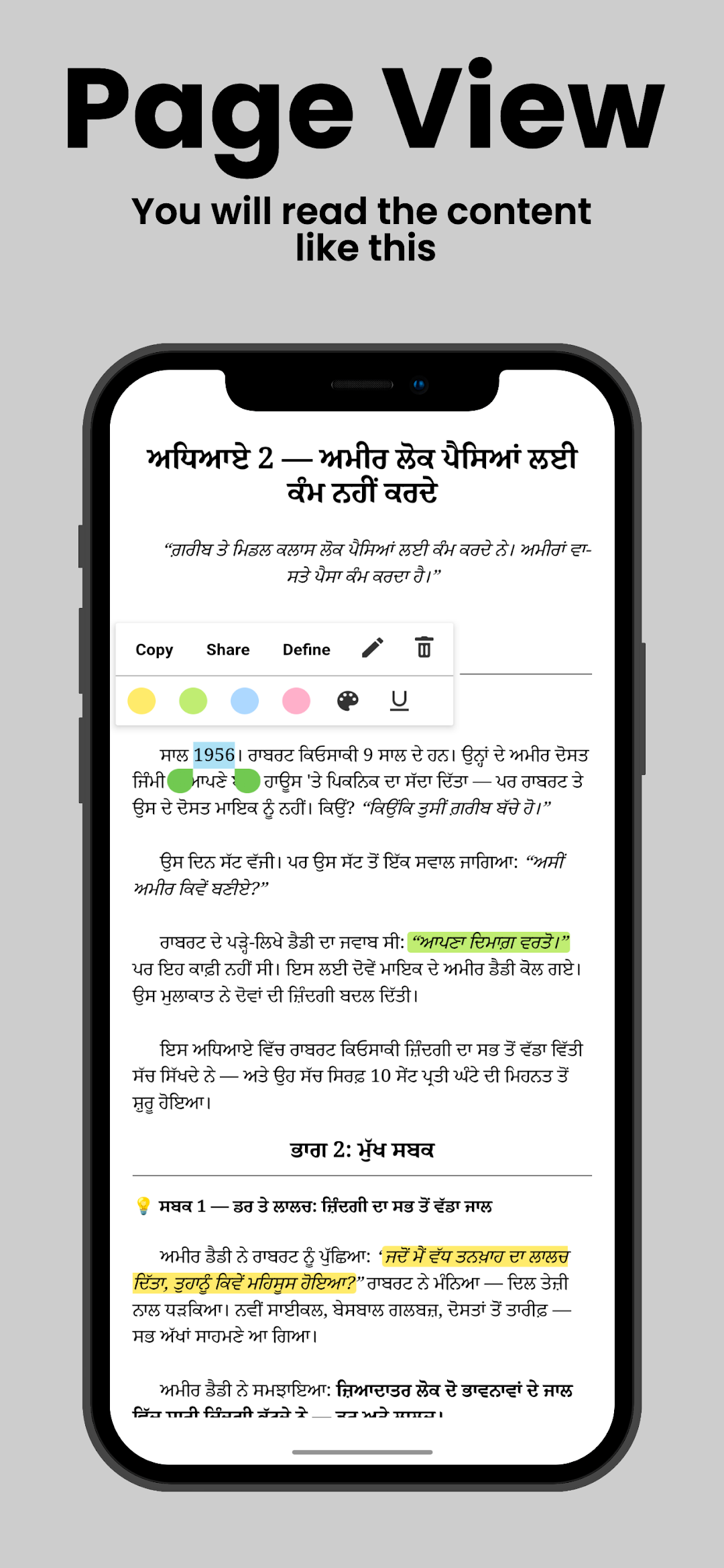 A lesson summary in Punjabi with highlighted words and the copy, share and define menu