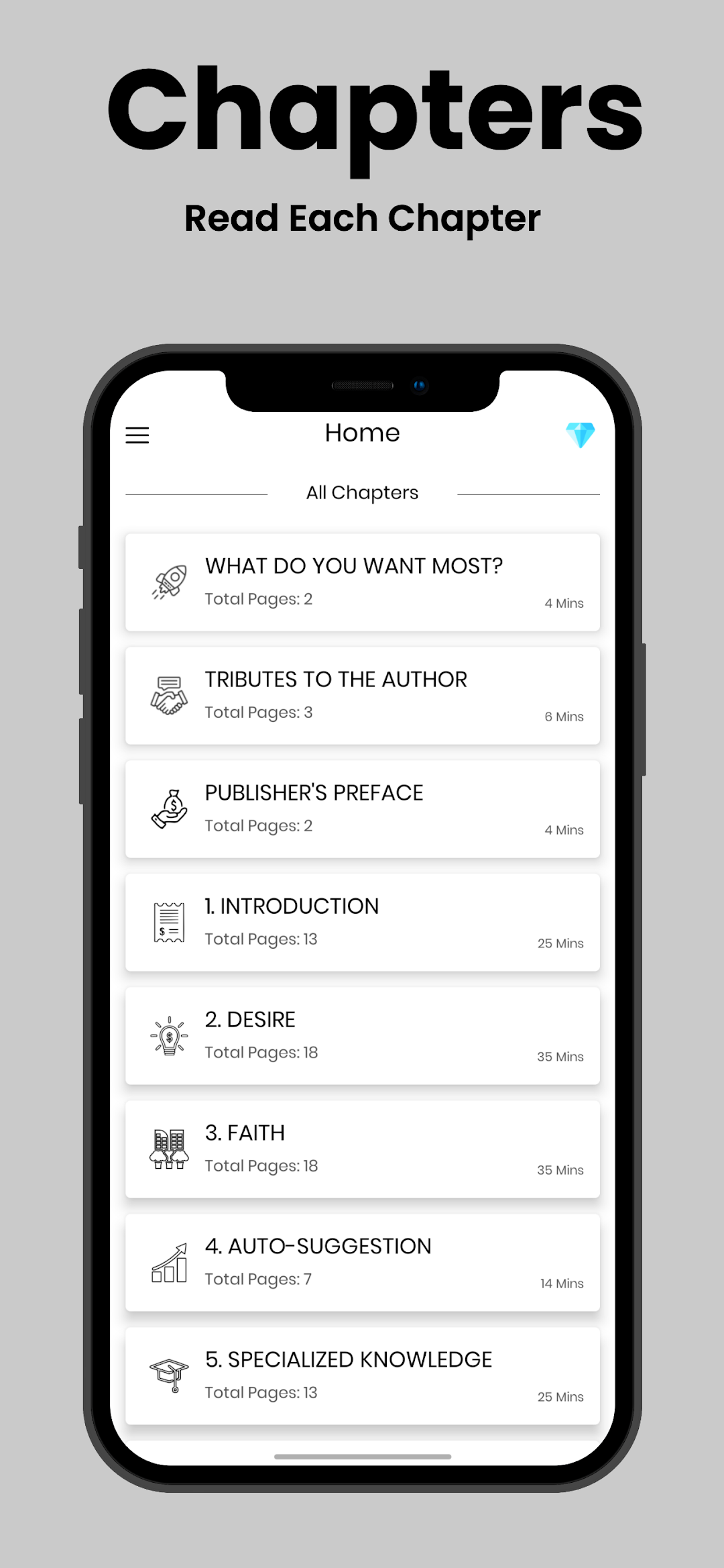 The chapter list, showing each chapter's page count and estimated reading time