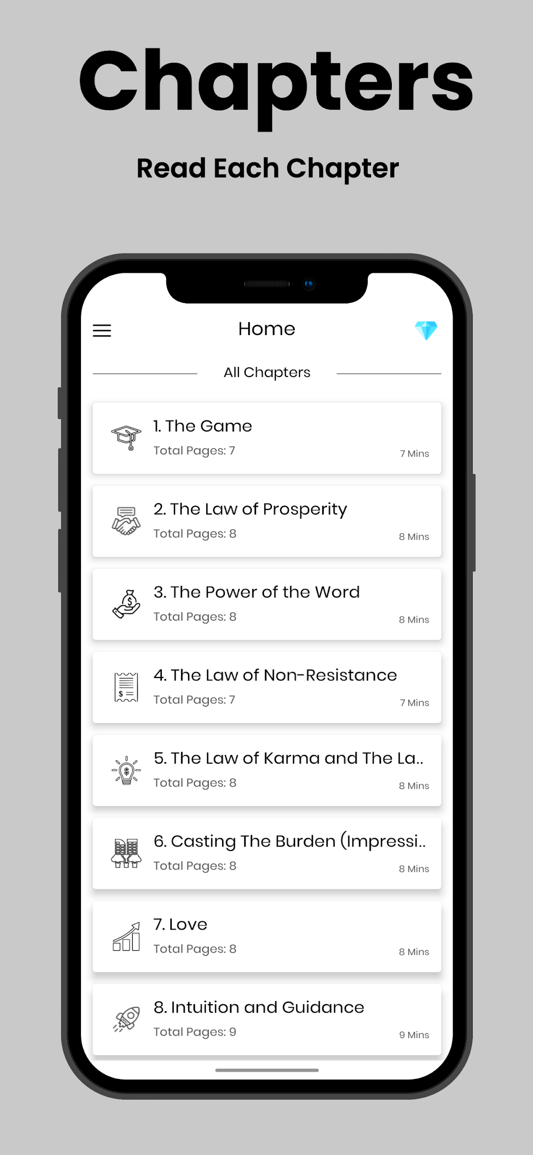 Chapter list including The Game, The Law of Prosperity, The Power of the Word and Love