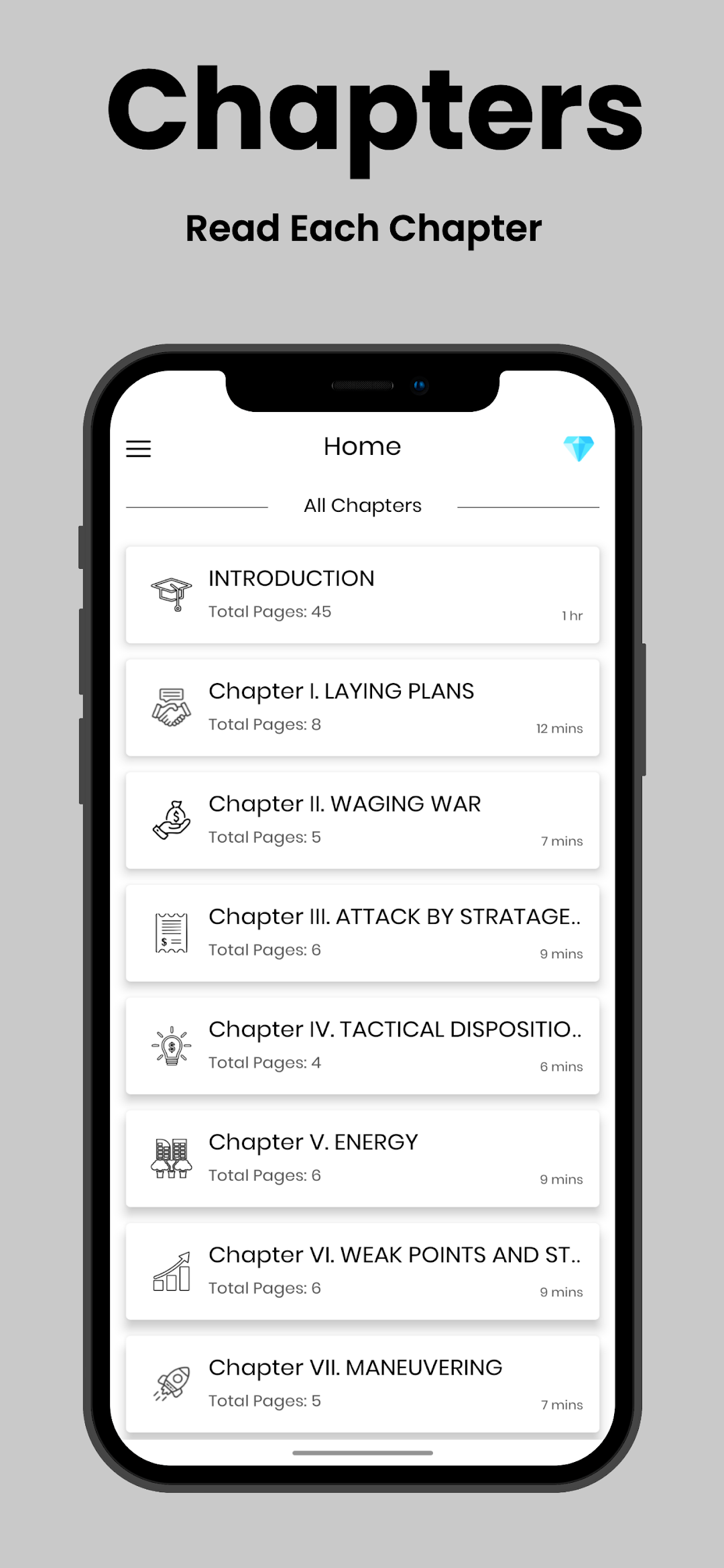Chapter list with the introduction and chapters such as Laying Plans, Waging War and Attack by Stratagem