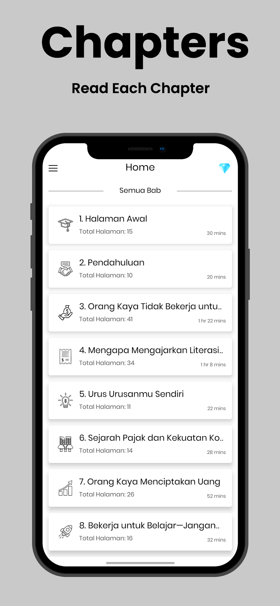 The chapter list in Indonesian, titled Semua Bab