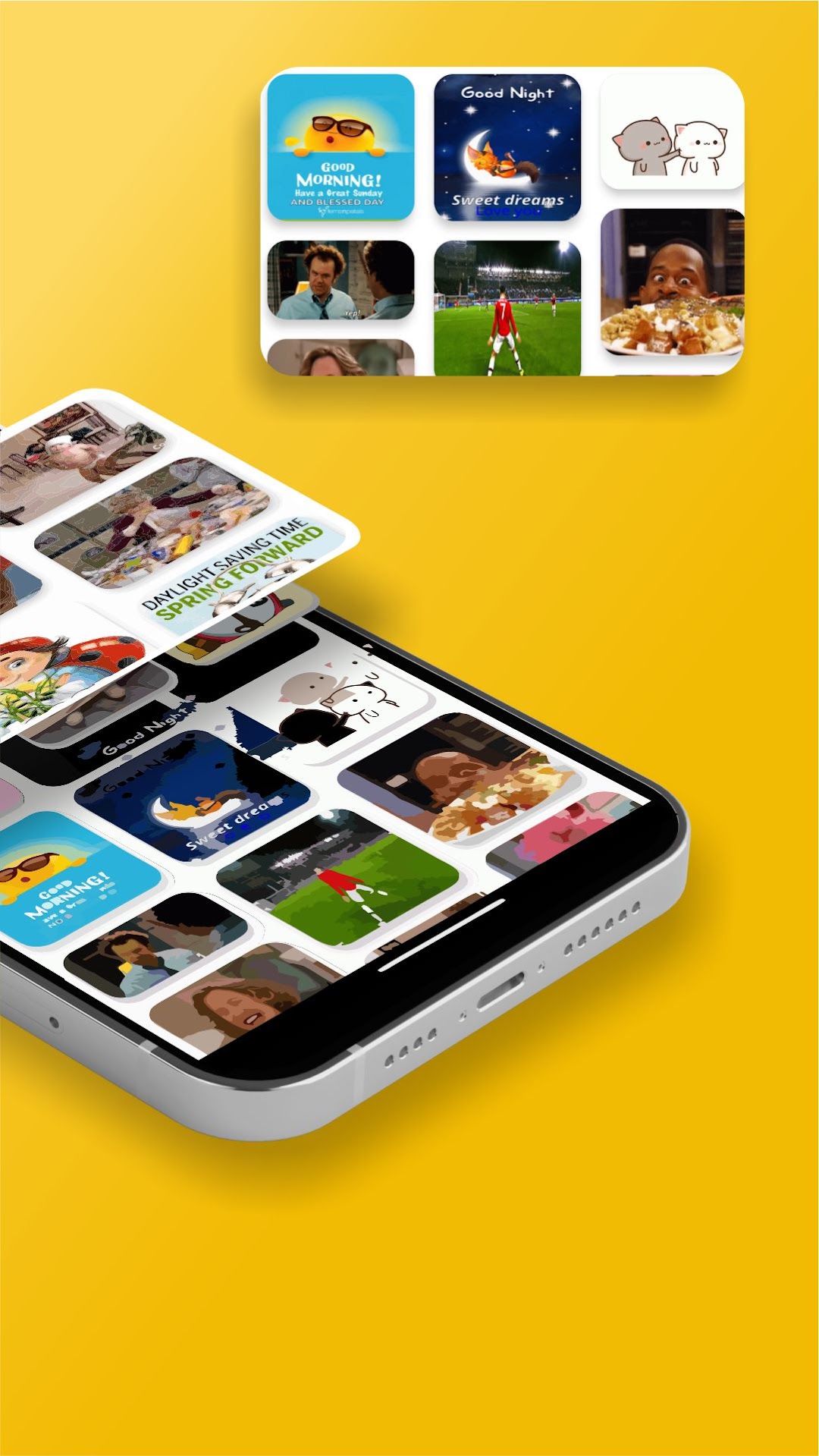 A grid of GIF thumbnails including good morning and good night greetings