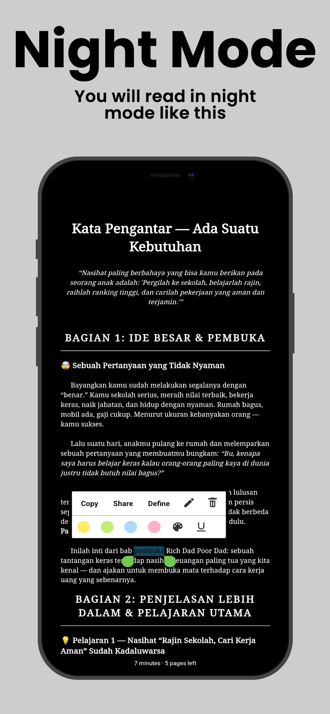 An Indonesian chapter summary in night mode