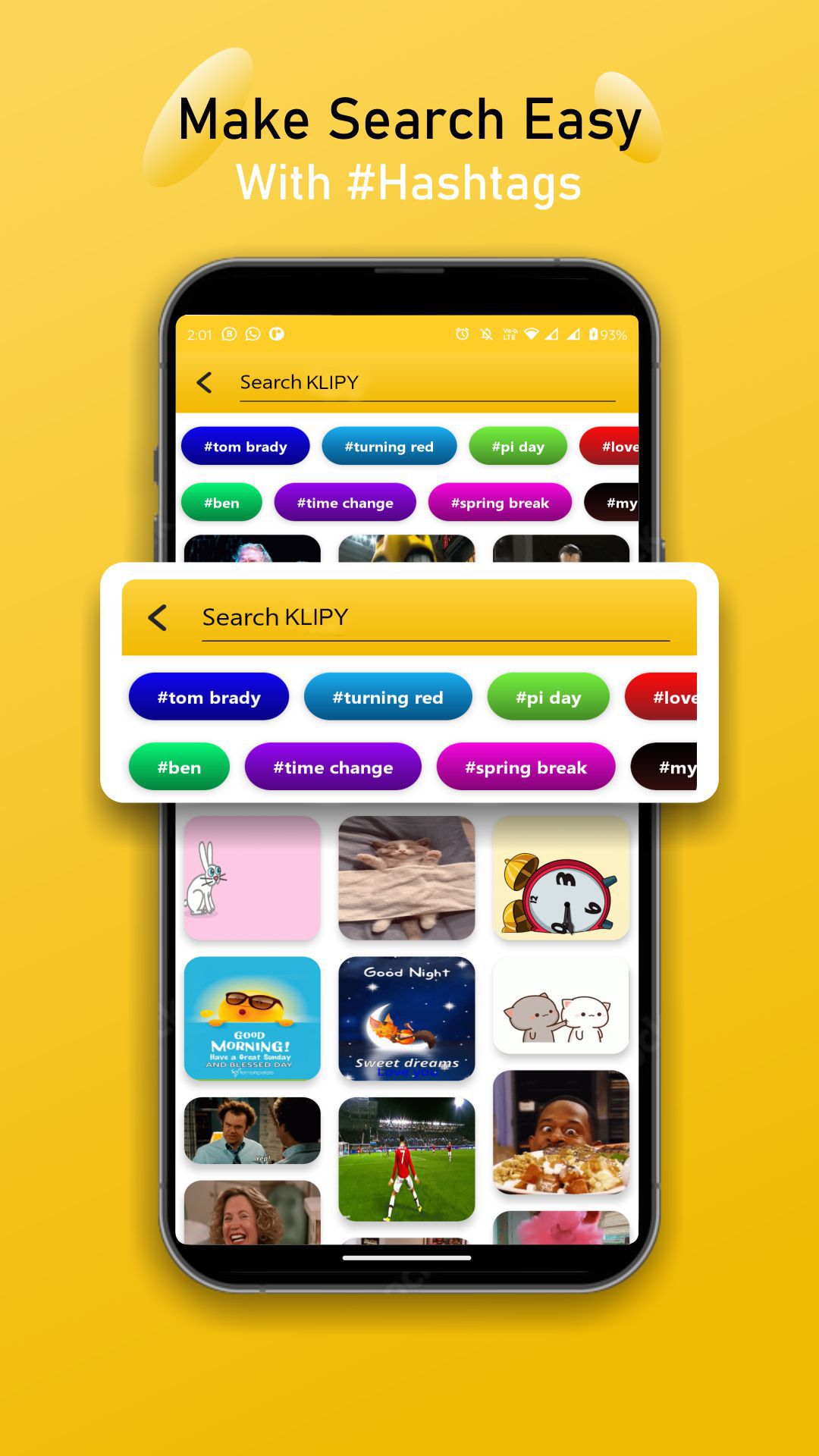 The KLIPY search screen with hashtag shortcuts such as funny and love
