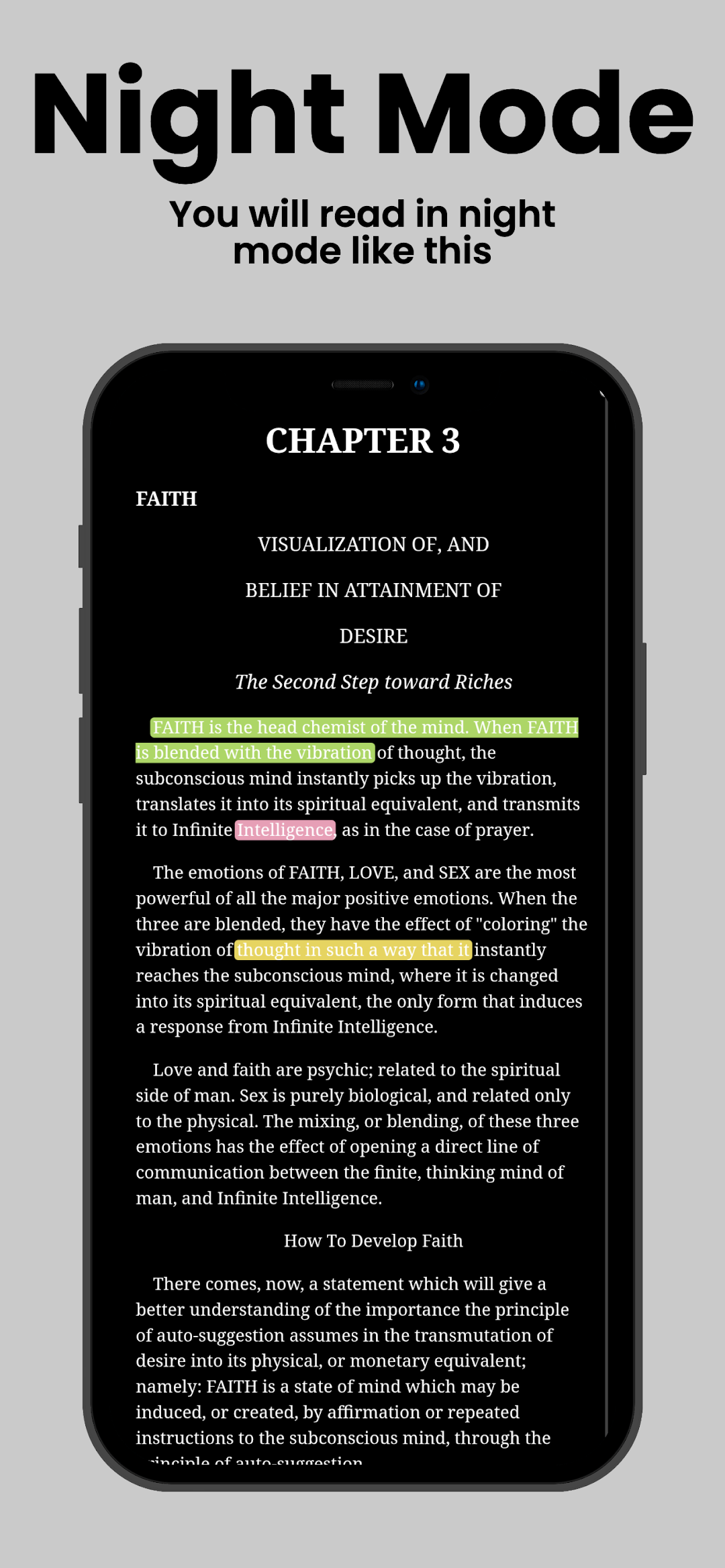 Chapter 3, Faith, displayed in night mode with light text on a black page