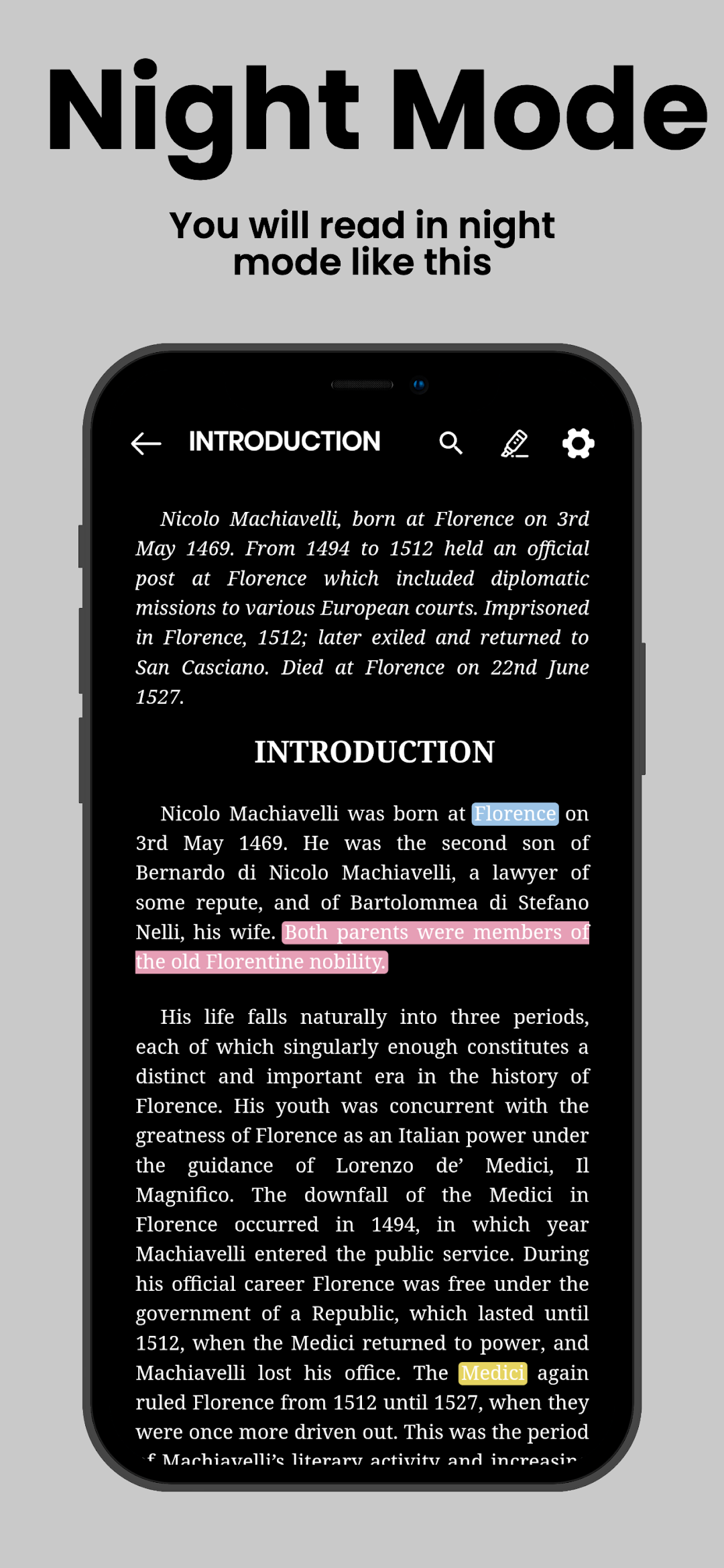 The introduction displayed in night mode