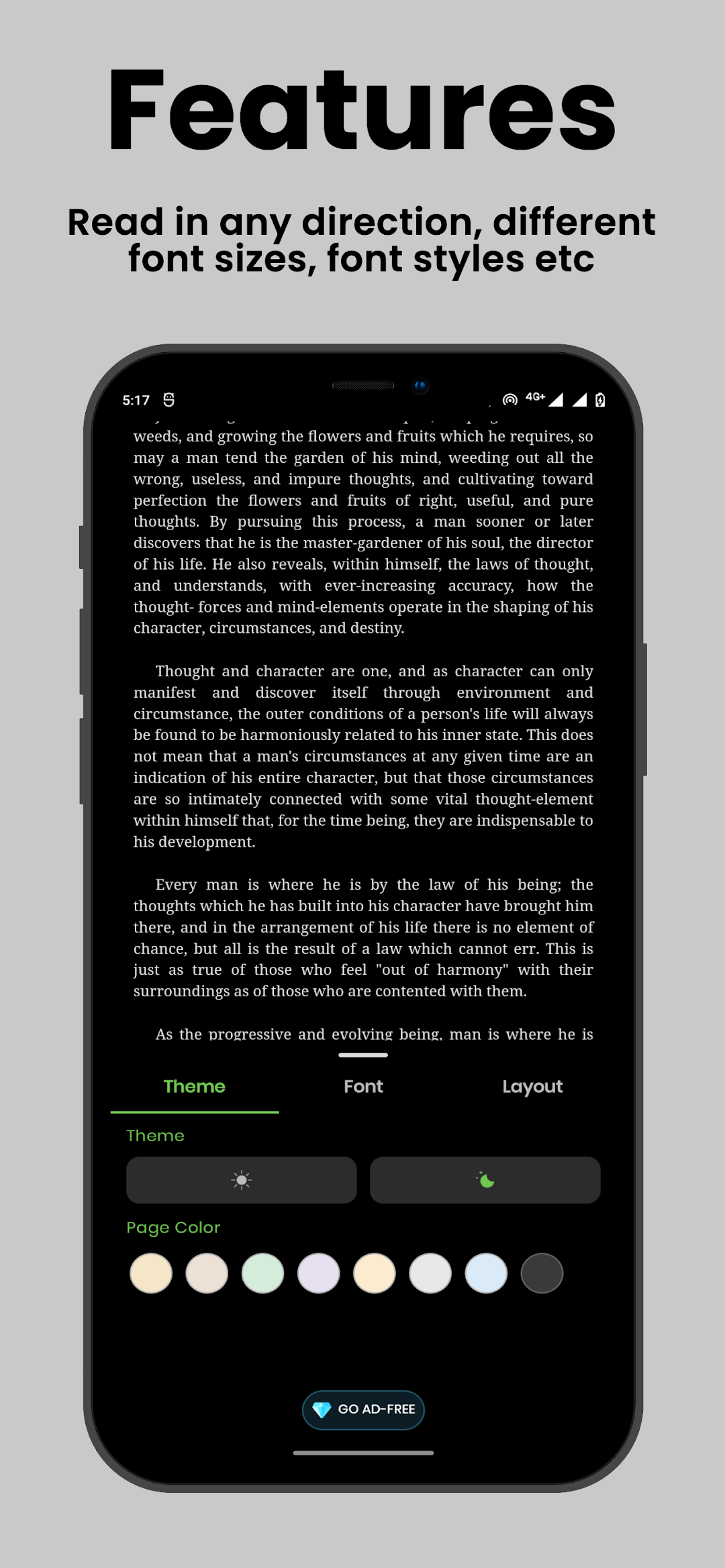 Reading settings with theme, font, layout and page colour options
